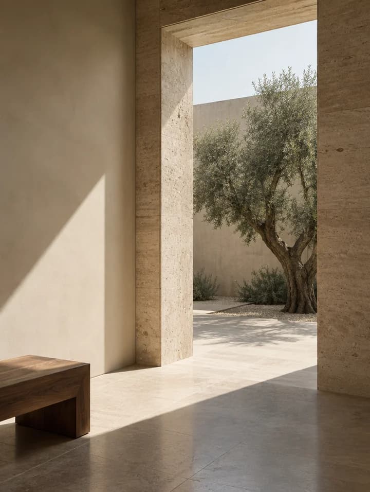 A sunlit courtyard with warm stone walls and an olive tree